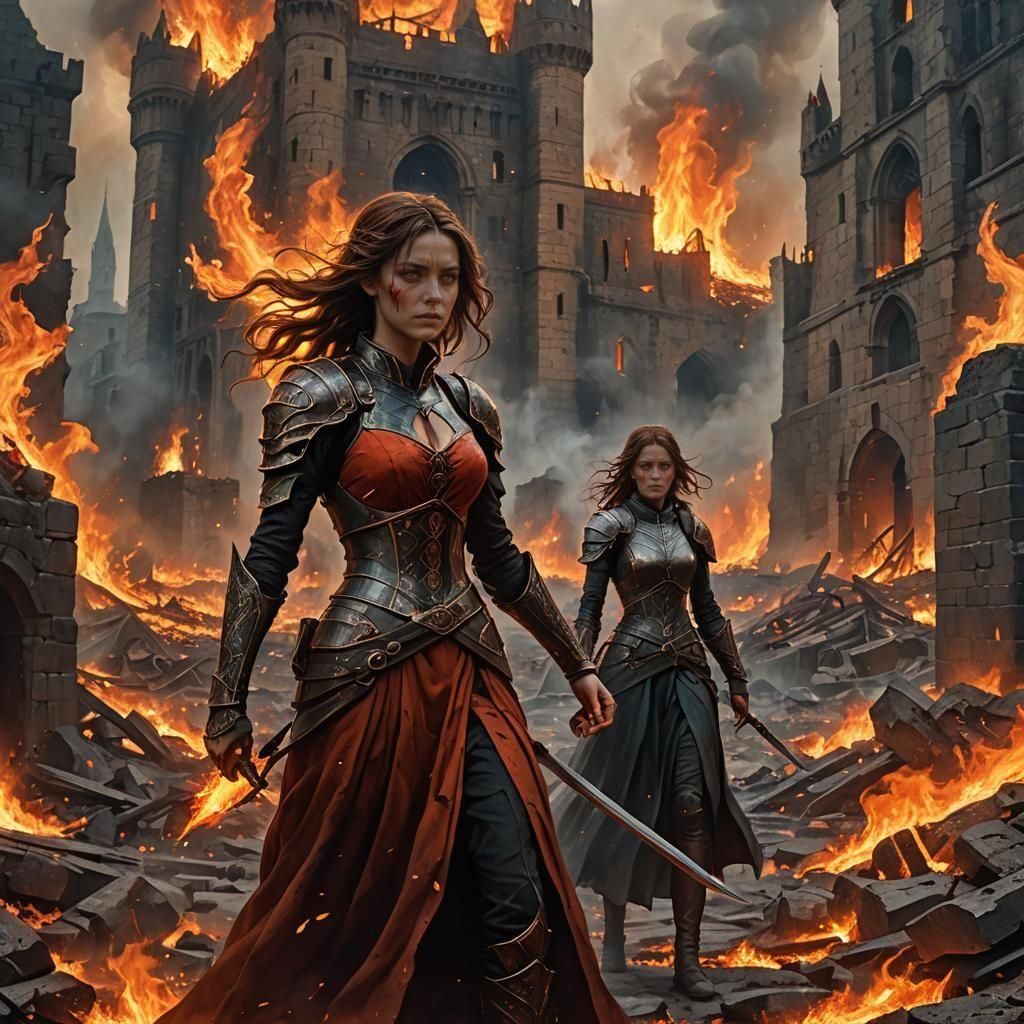 Fiery Woman on Battlefield with Burning Castle