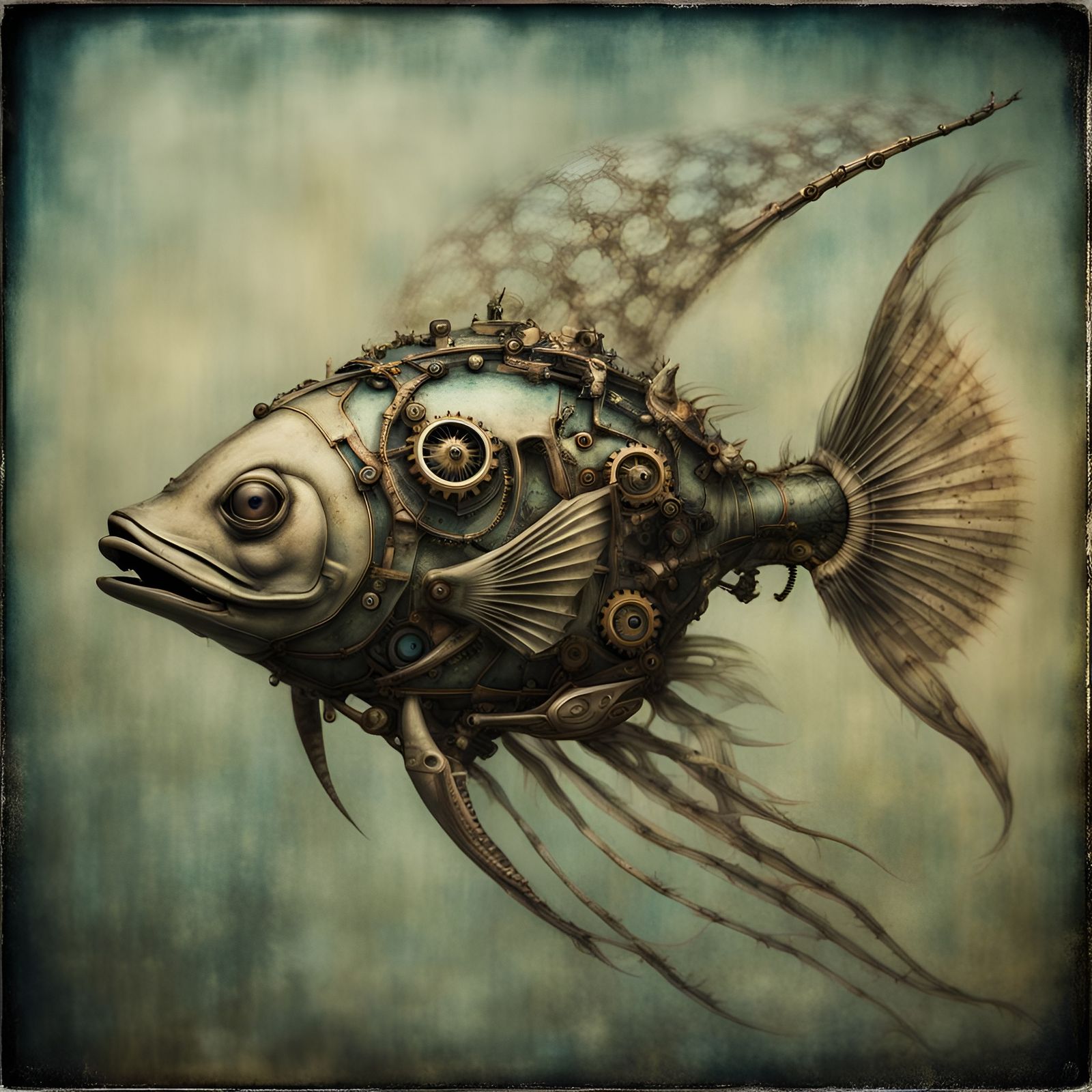 Steampunk Alien Fish in Faded Polaroid Photograph
