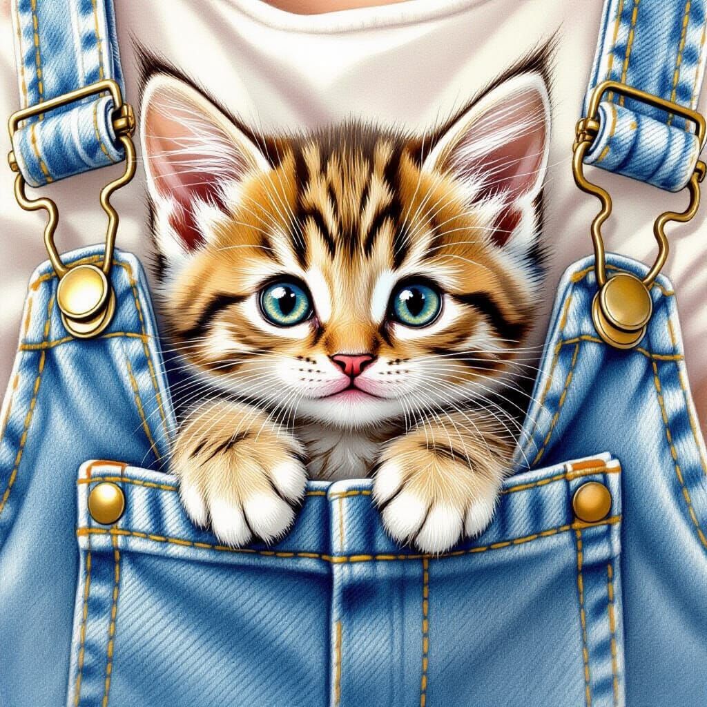 Tiny Kitten with Big Eyes in Overalls Pocket
