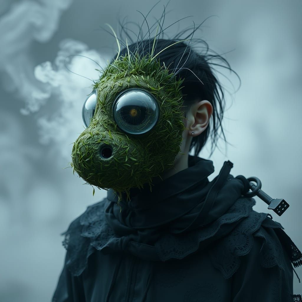 Surreal Portrait: Grass and Glass Nose in Eerie Light