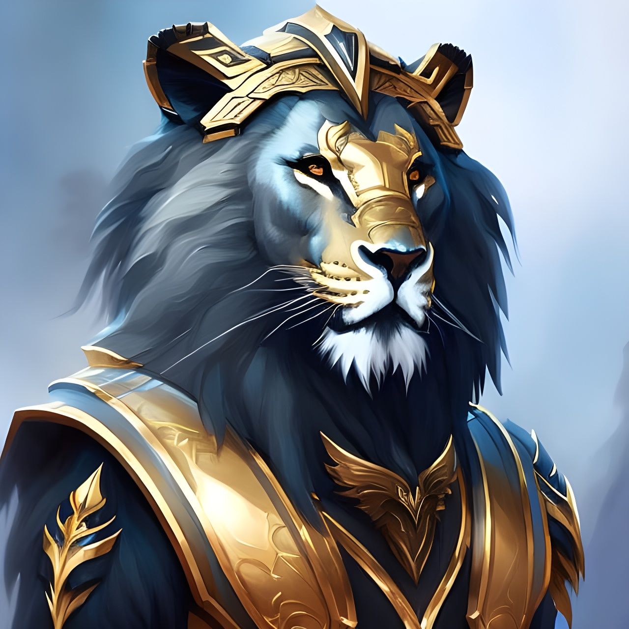 Elegant Black Lion Warrior in Animated Style