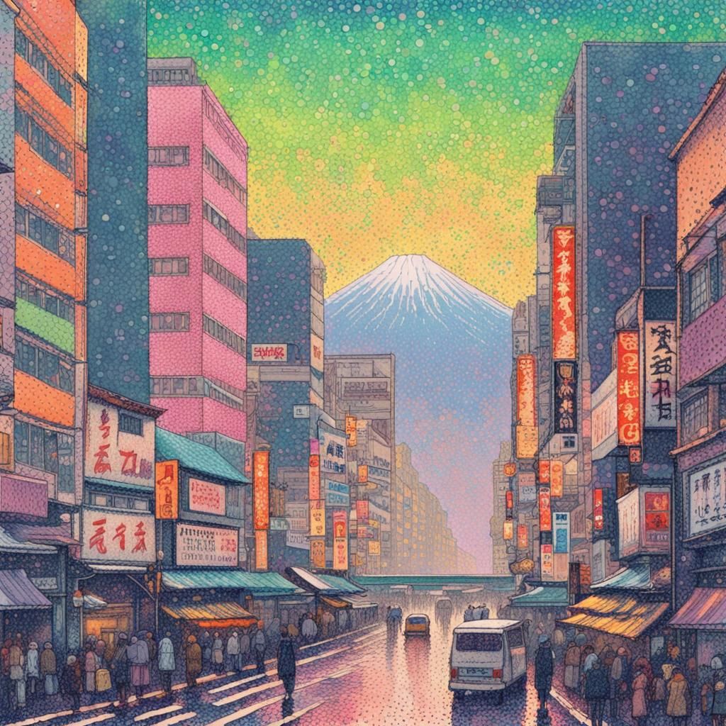 Pointillist Japanese Cityscape in Pastel Colors