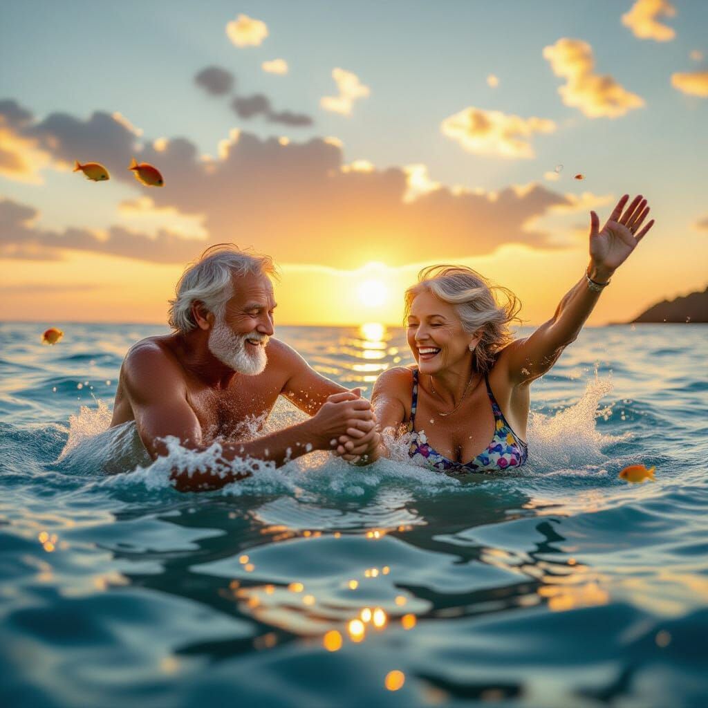 Elderly Couple's Joyful Ocean Dive at Sunset