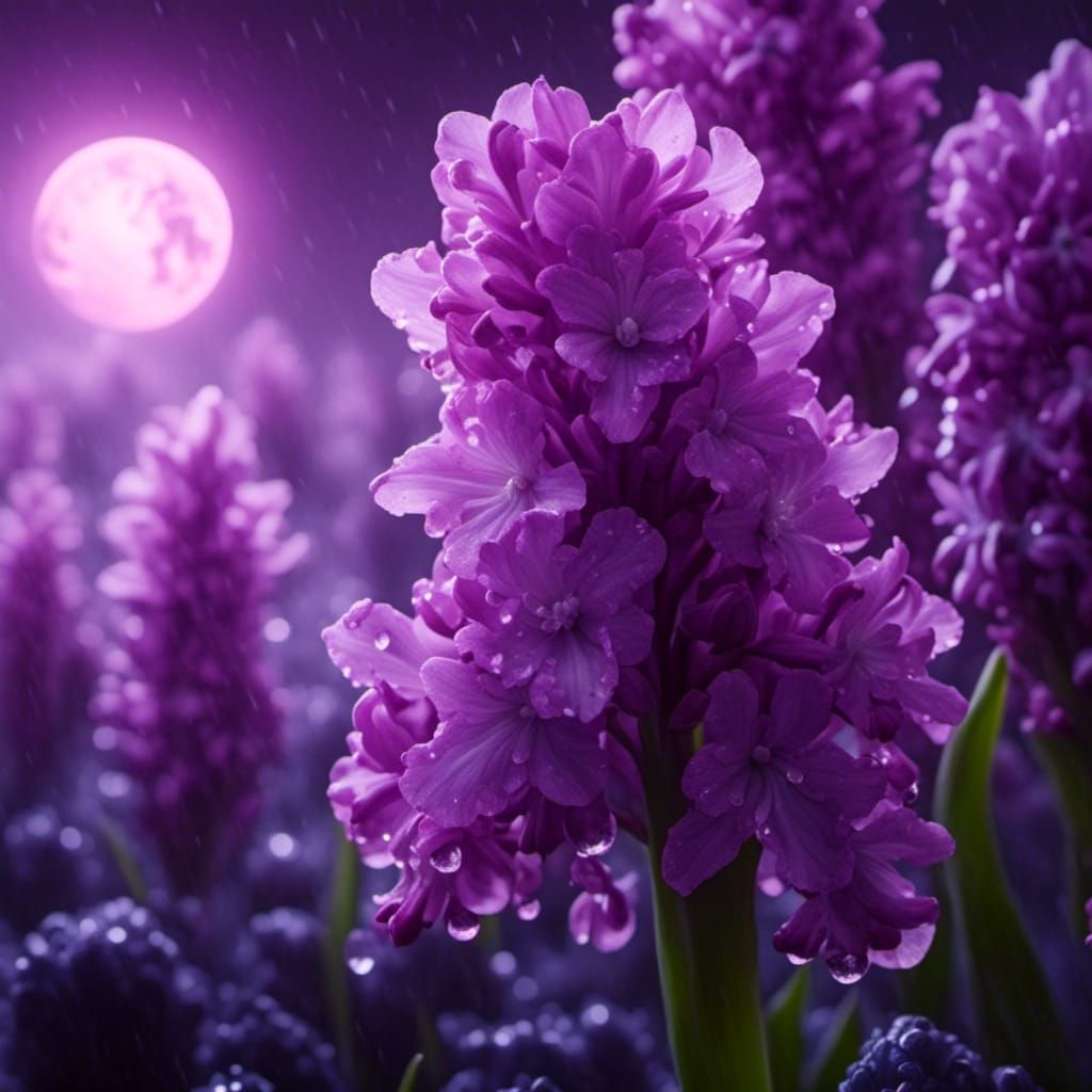 Dew-Kissed Purple Hyacinth in Moonlight, Macro Lens