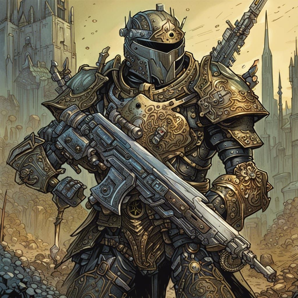 Steampunk Mecha Knight in Gothic Armor on Battlefield