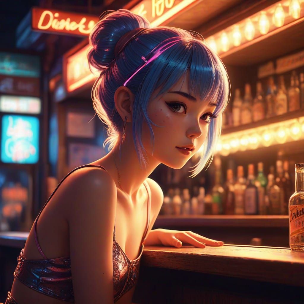 Anime Pixie Bartender in 1950s Dive Bar