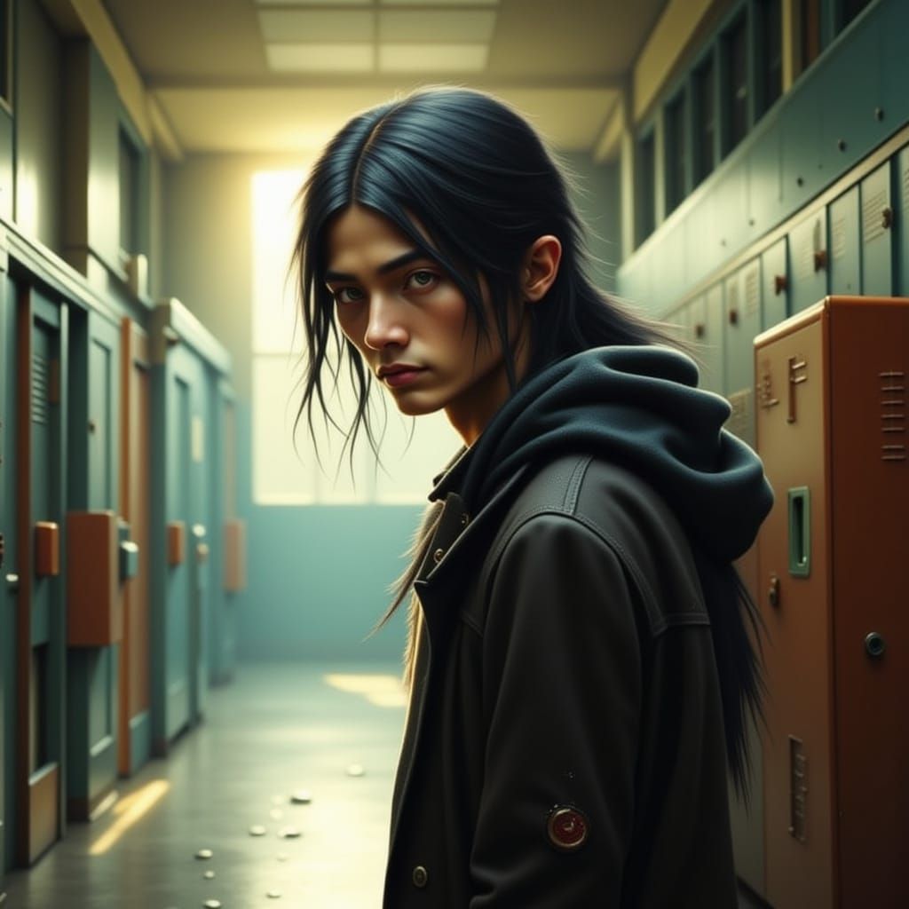 Handsome Young Man with Blue Eyes in High School Hallway