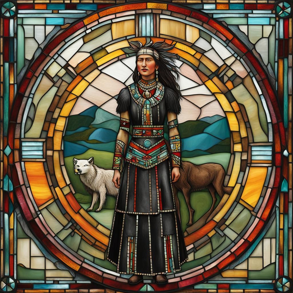 Native American Woman in Stained-Glass Window Frame