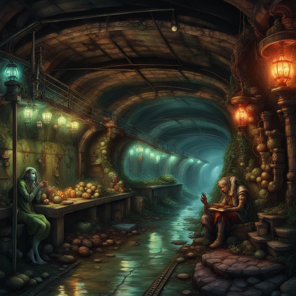 Fantasy Creatures in Cyberpunk Underground Market