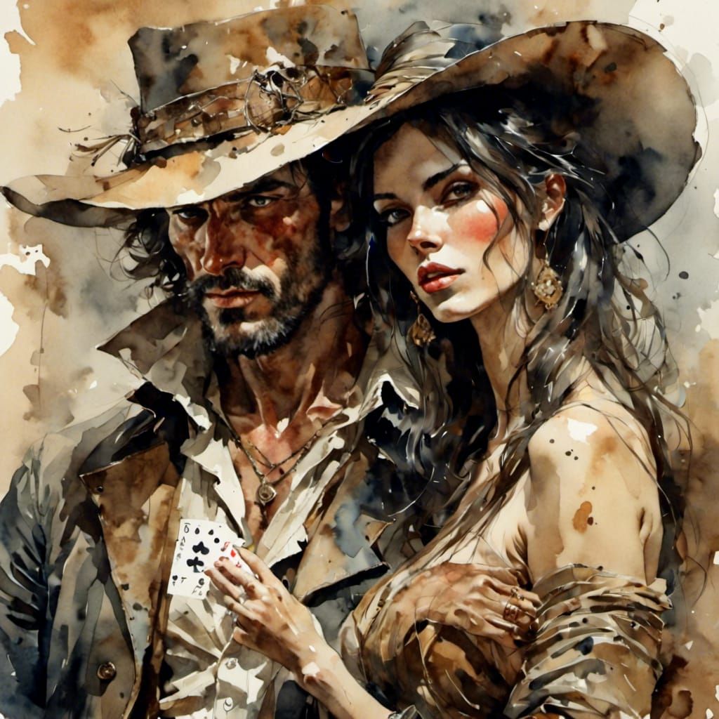 Wild West Card Game in Antique Watercolor Style