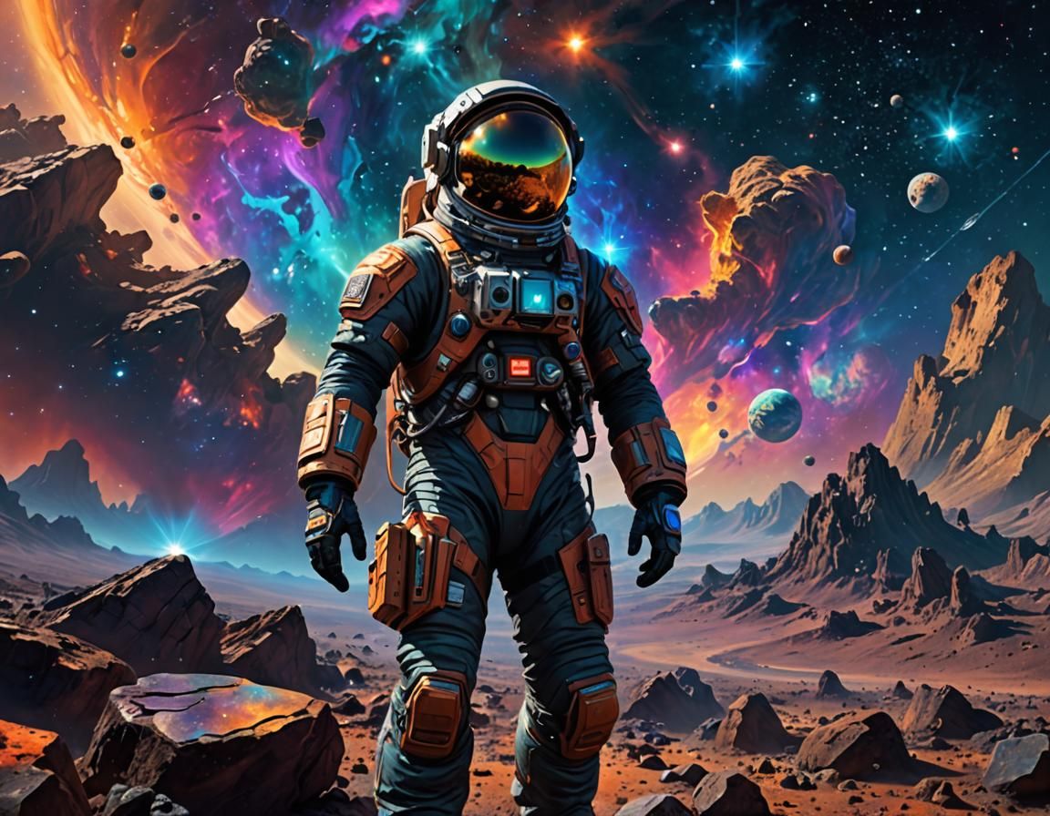 Astronaut Contemplates Colorful Nebulae in Space, Digital Ar...
