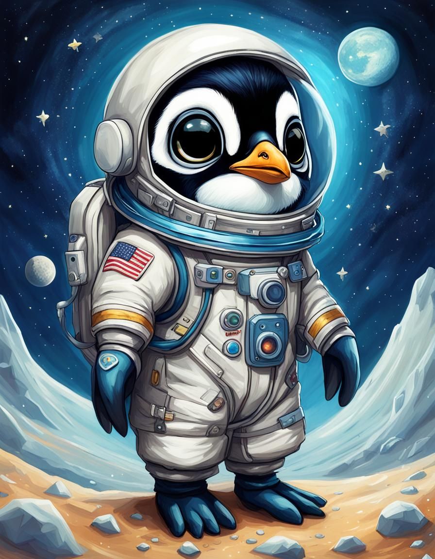Penguin Cosmonaut on the Moon: Digital Art