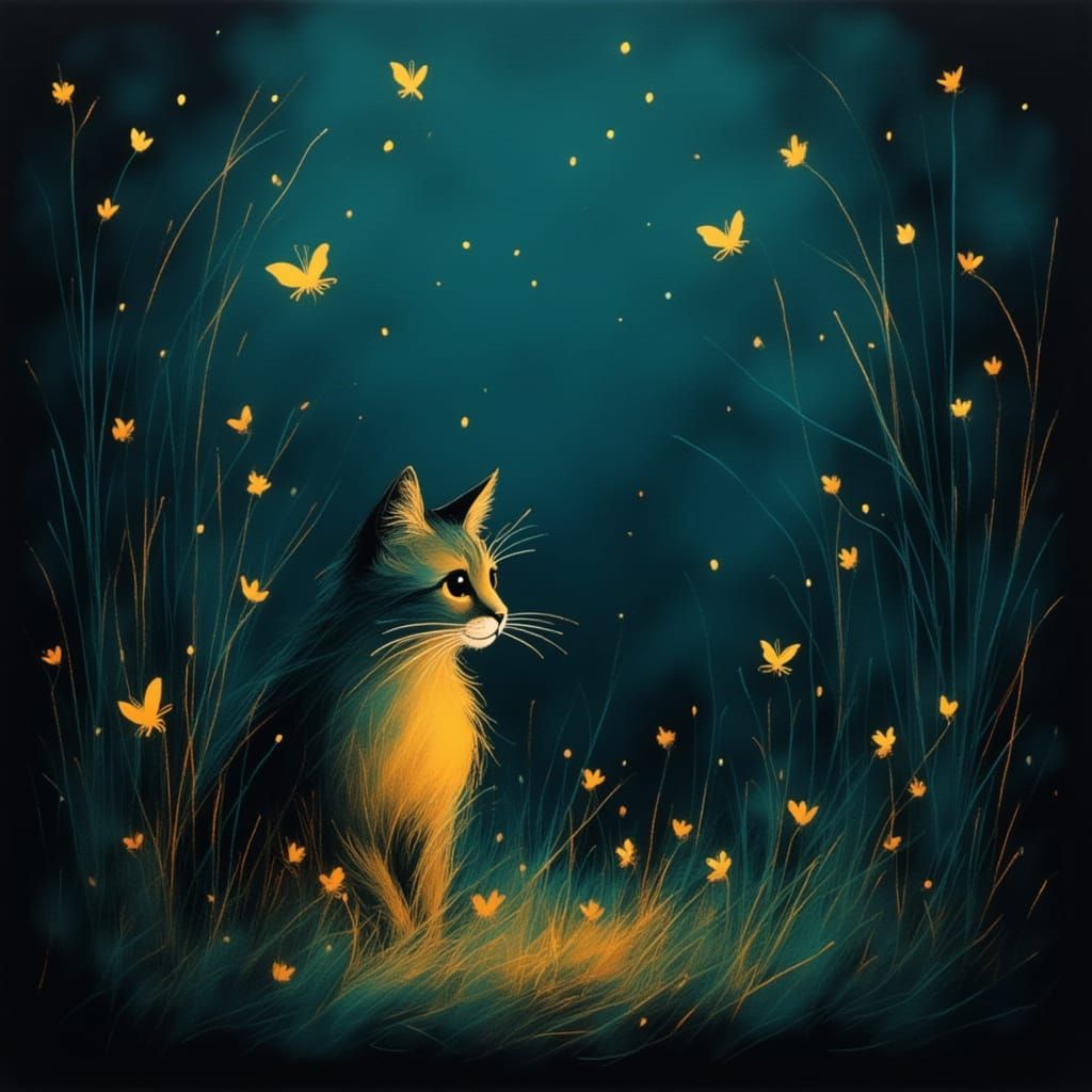 Cat in Awe Watching Glowing Fairies