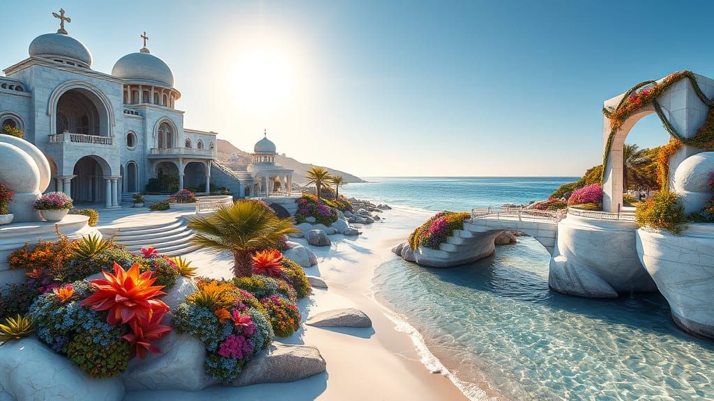 Marble Beach Resort with Exotic Gardens and Azure Sky