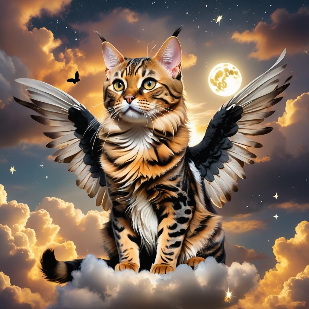 Bengal Cat with Angel Wings in Whimsical Fantasy