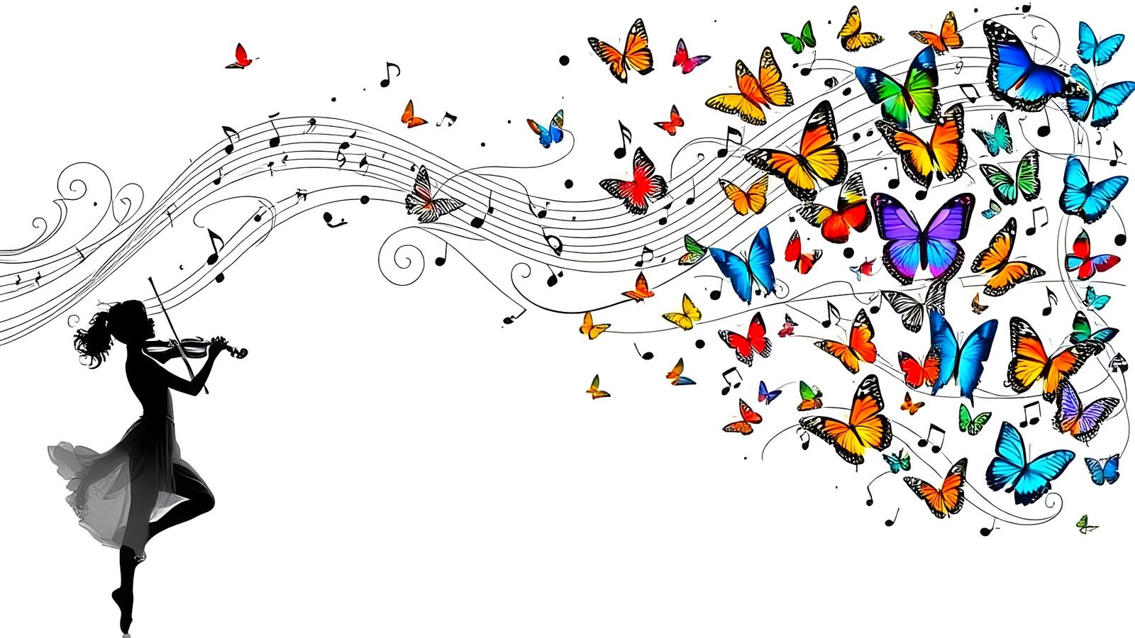 Vibrant Violinist Transforms into Whimsical Butterflies