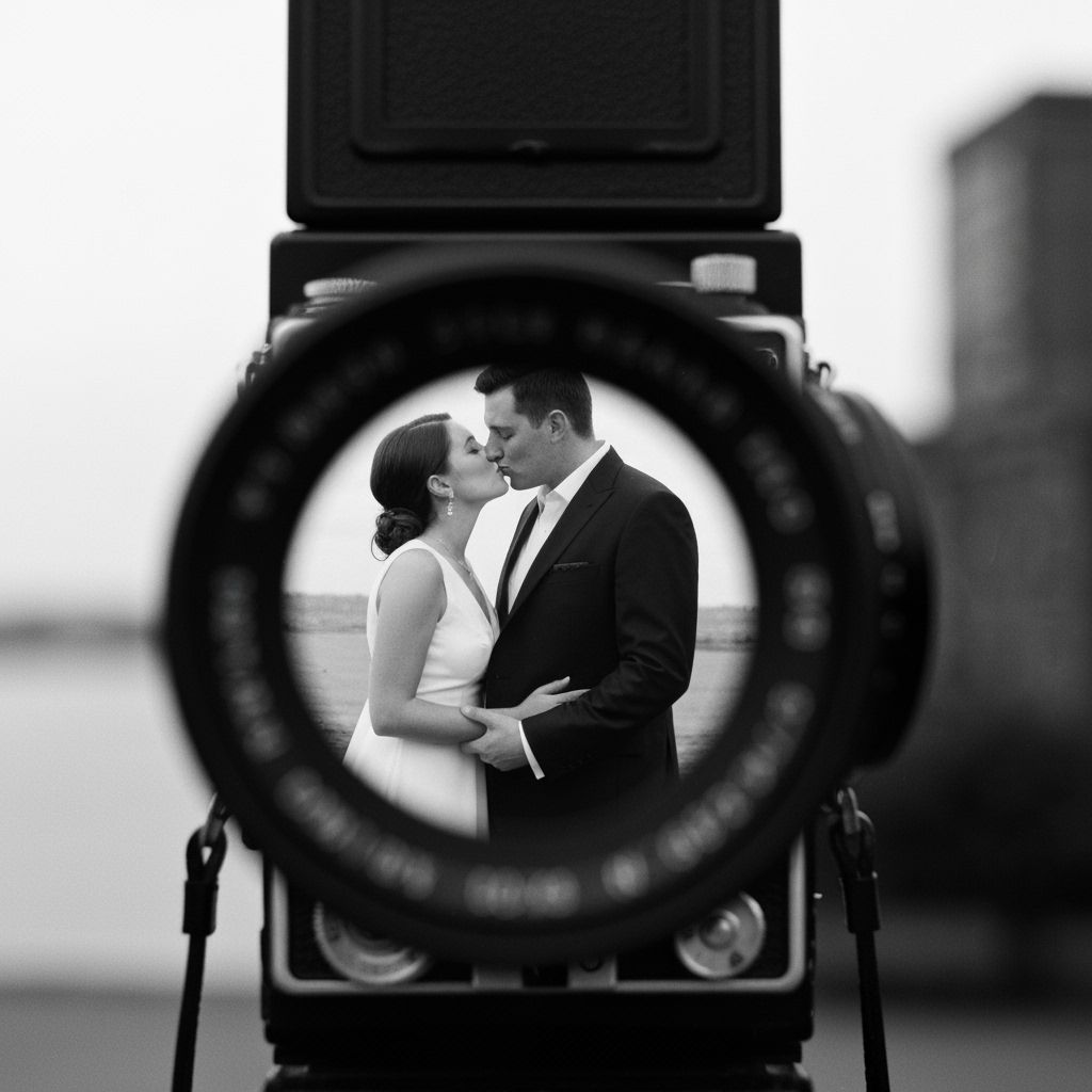 Romantic Kiss Reflected in Vintage Camera Lens