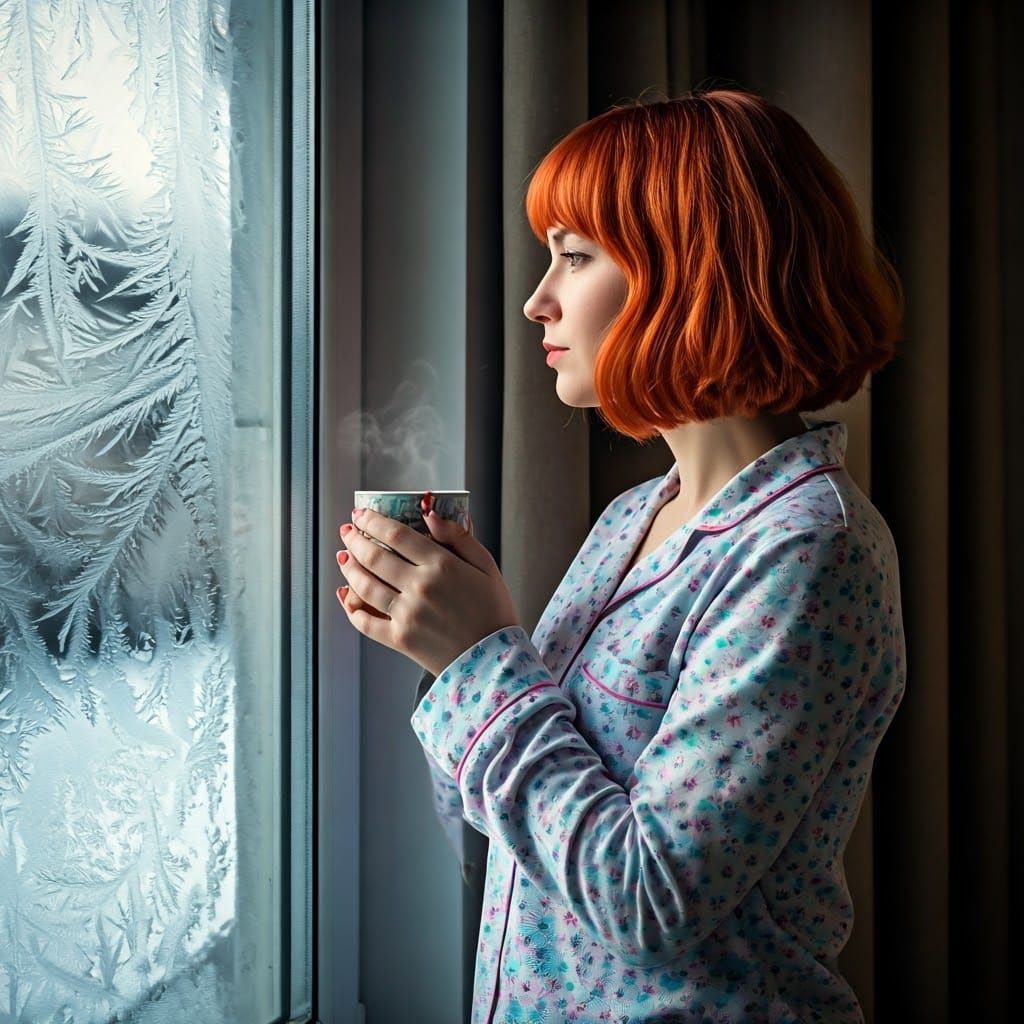 Golden Glow Morning, Woman in Red Bobbed Hair, Frosty Window...