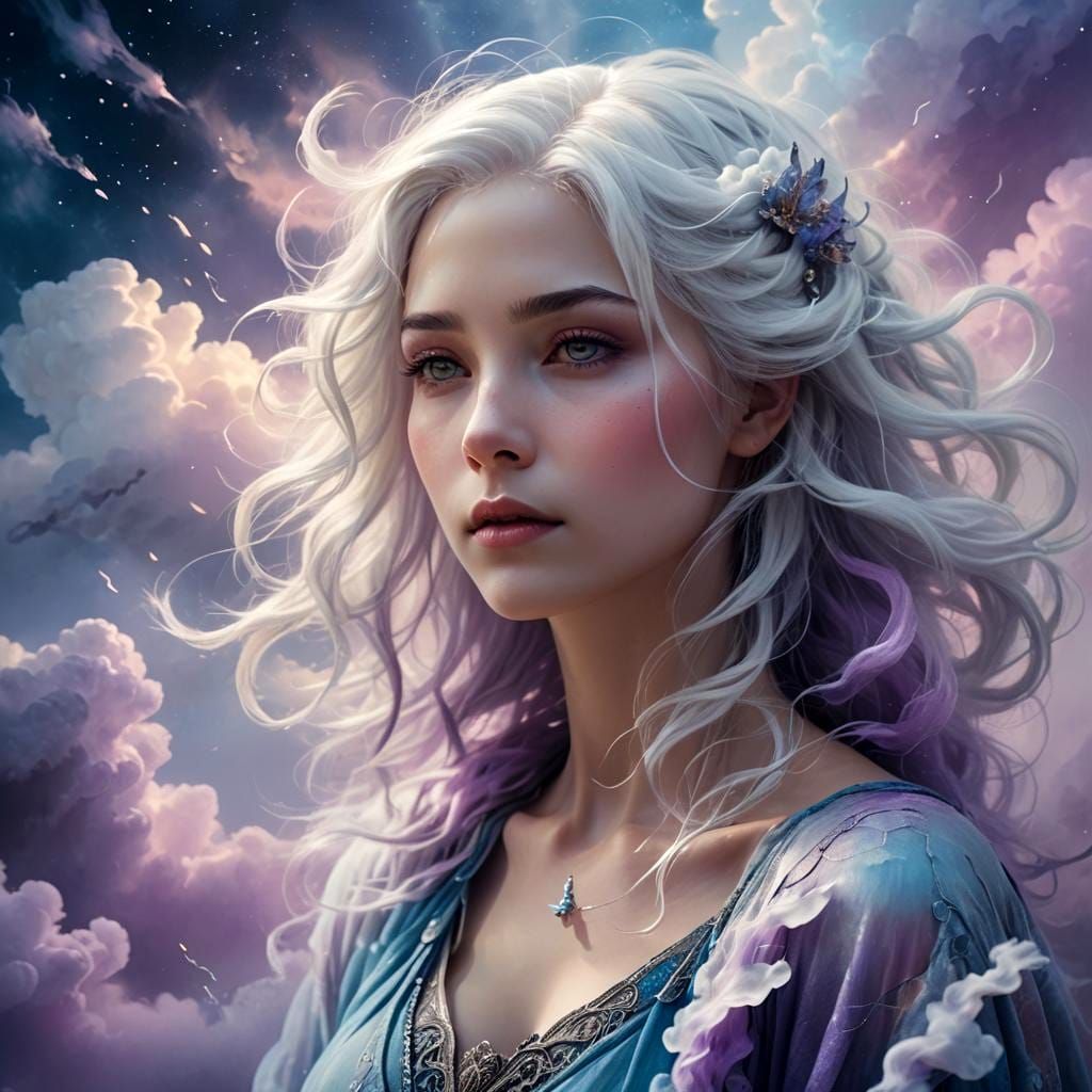 Ethereal Woman with Cloud Hair: Fantasy Art