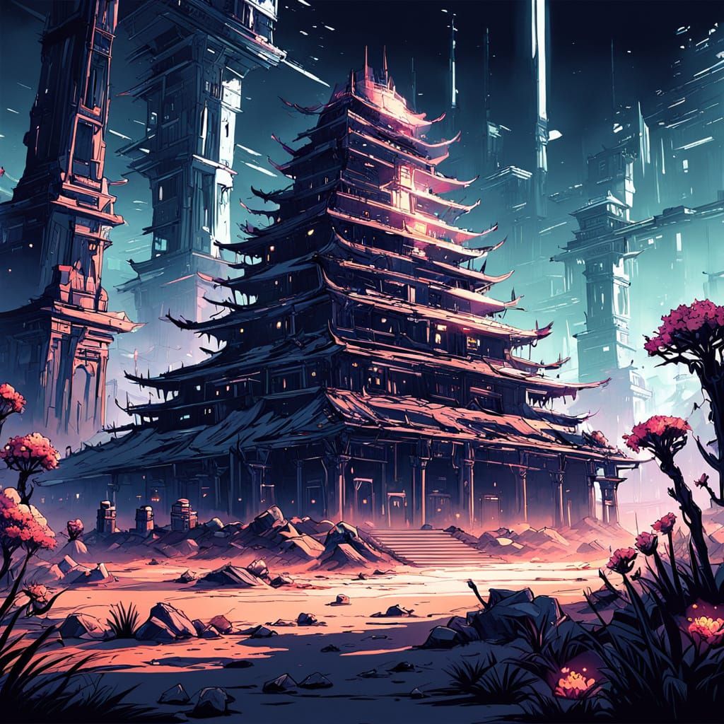 Futuristic Anime Desert With Neon Ruins And Flower Farms