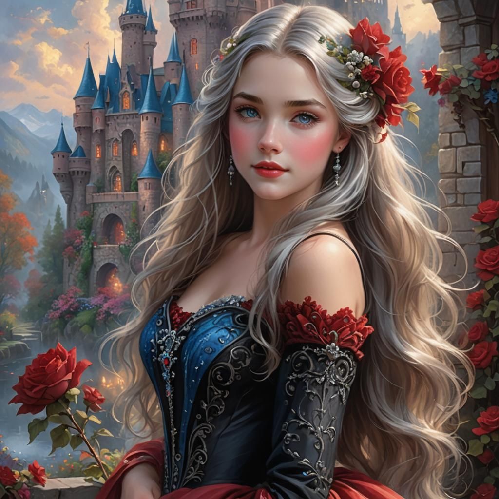 Ethereal Silver-Haired Princess in a Red Castle