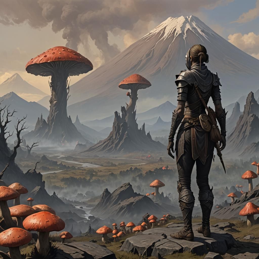 Dunmer Woman Foraging Among Giant Mushrooms