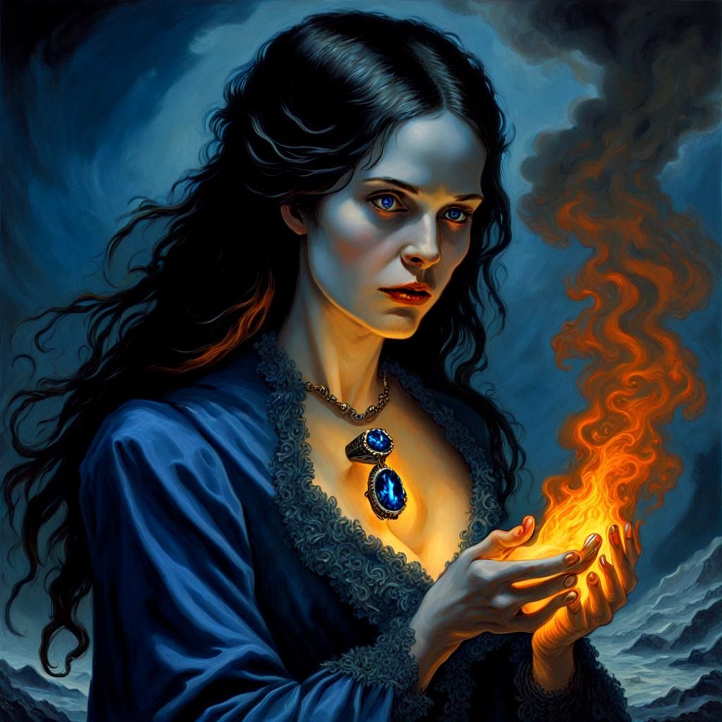 Gothic Woman's Radioactive Wedding Ring in Fire