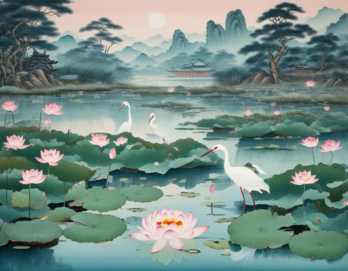 Lotus Pond at Twilight in Traditional Scroll Painting