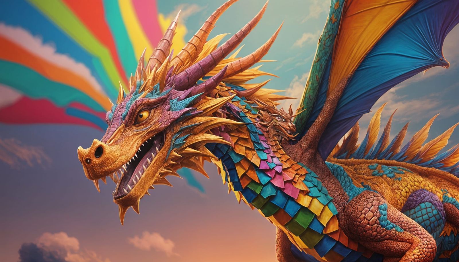 Vibrant Pop Art Dragon Soars Through the Sky