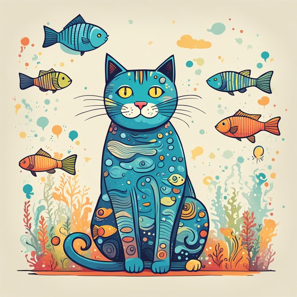 Whimsical Cartoon Cat with Fish Thought Bubble