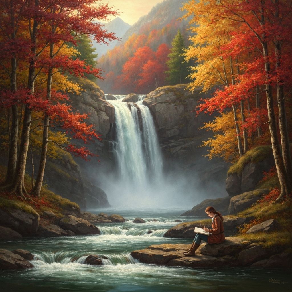 Autumn Mountain Cascade Sketch by Traveler, Oil Painting Sty...