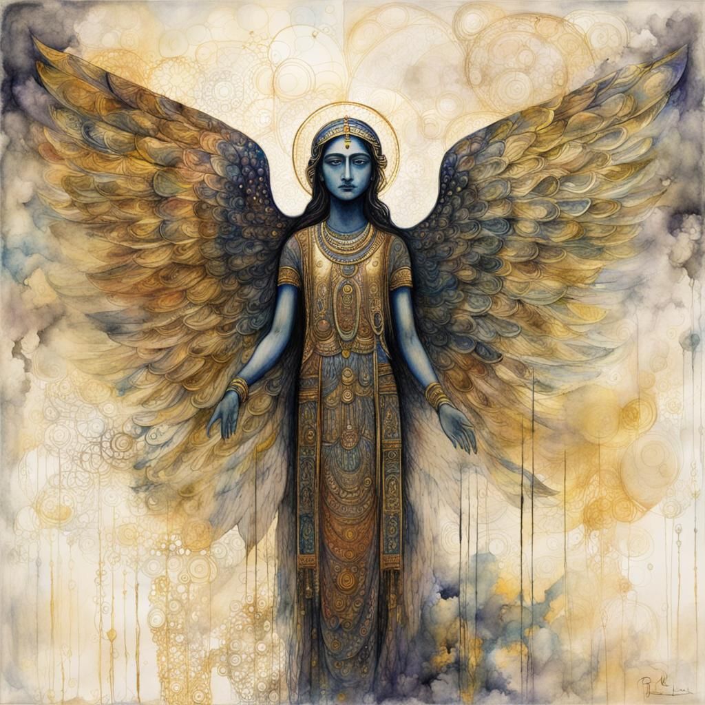 Surreal Hindu angel with two perfect wings