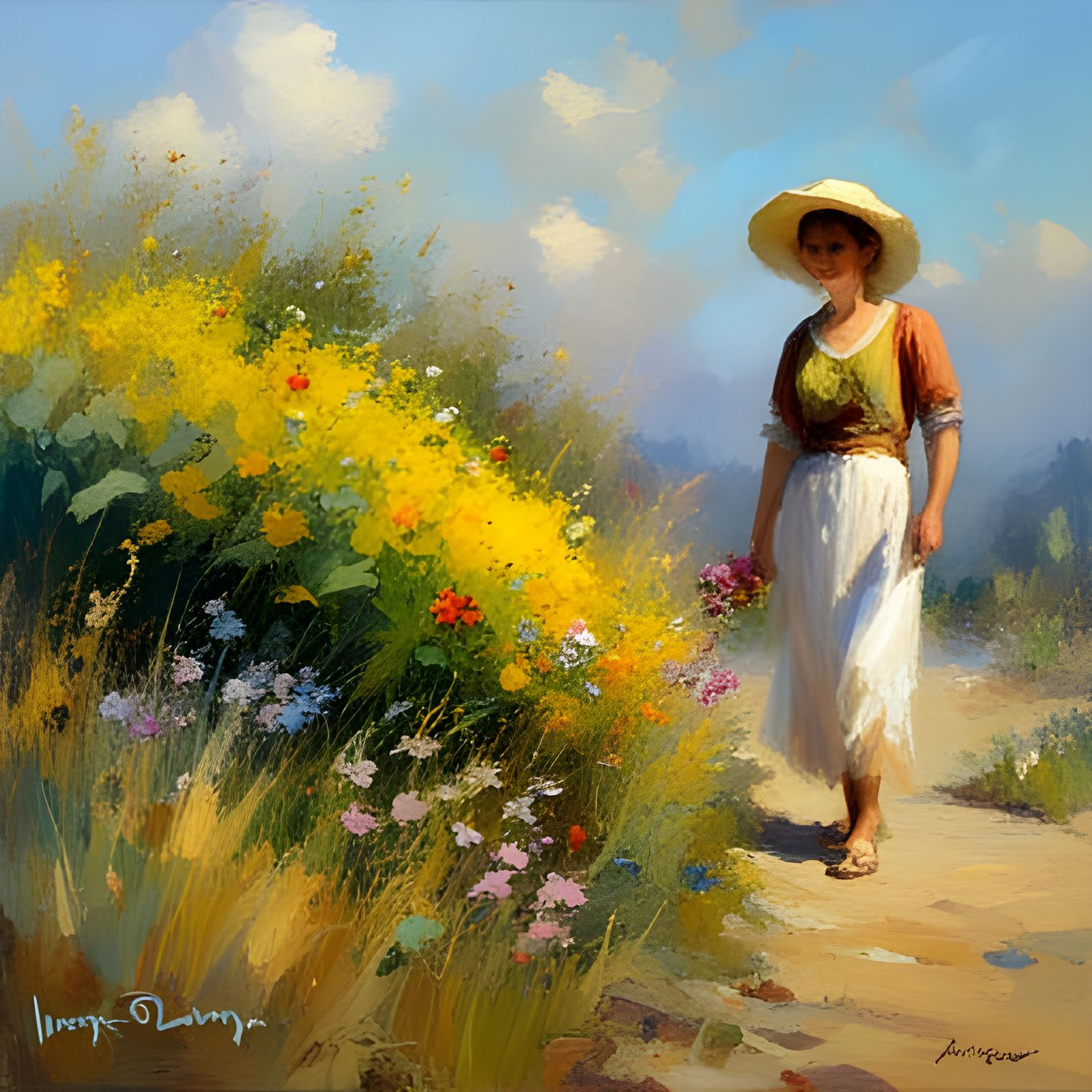 "Scenes richly detailed wild flowers and plants. Pino Daeni oil painting by James Gurney"