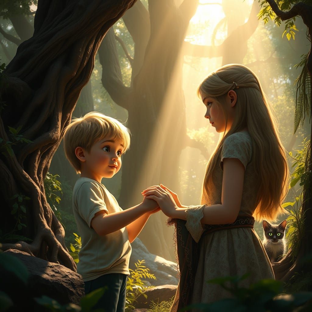 Youthful Duo Embraces in Lush Forest Setting with Vibrant Ca...