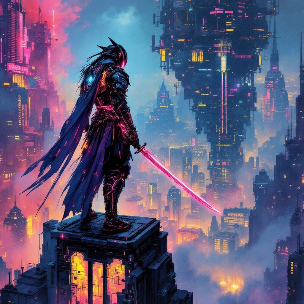 Cyberpunk Samurai Warrior in Vaporwave Cityscape
