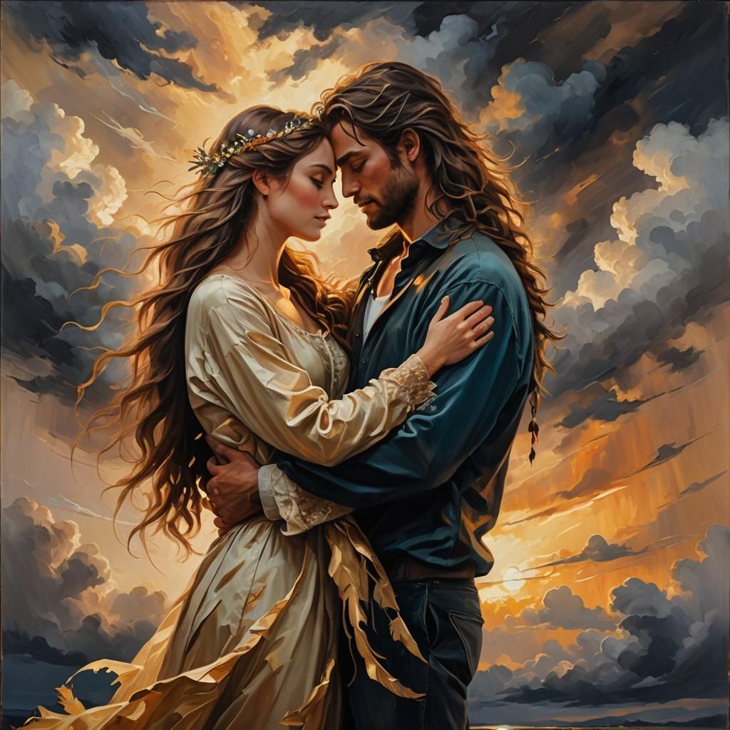 Lovers Embraced in Light: A Romantic Oil Painting