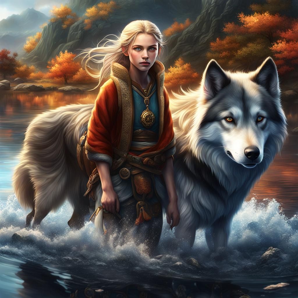 Belgian Girl with Wolf in Japanese Nature Scene