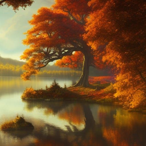 Autumnal Oak Tree by Lake: Dark Fantasy Concept Art