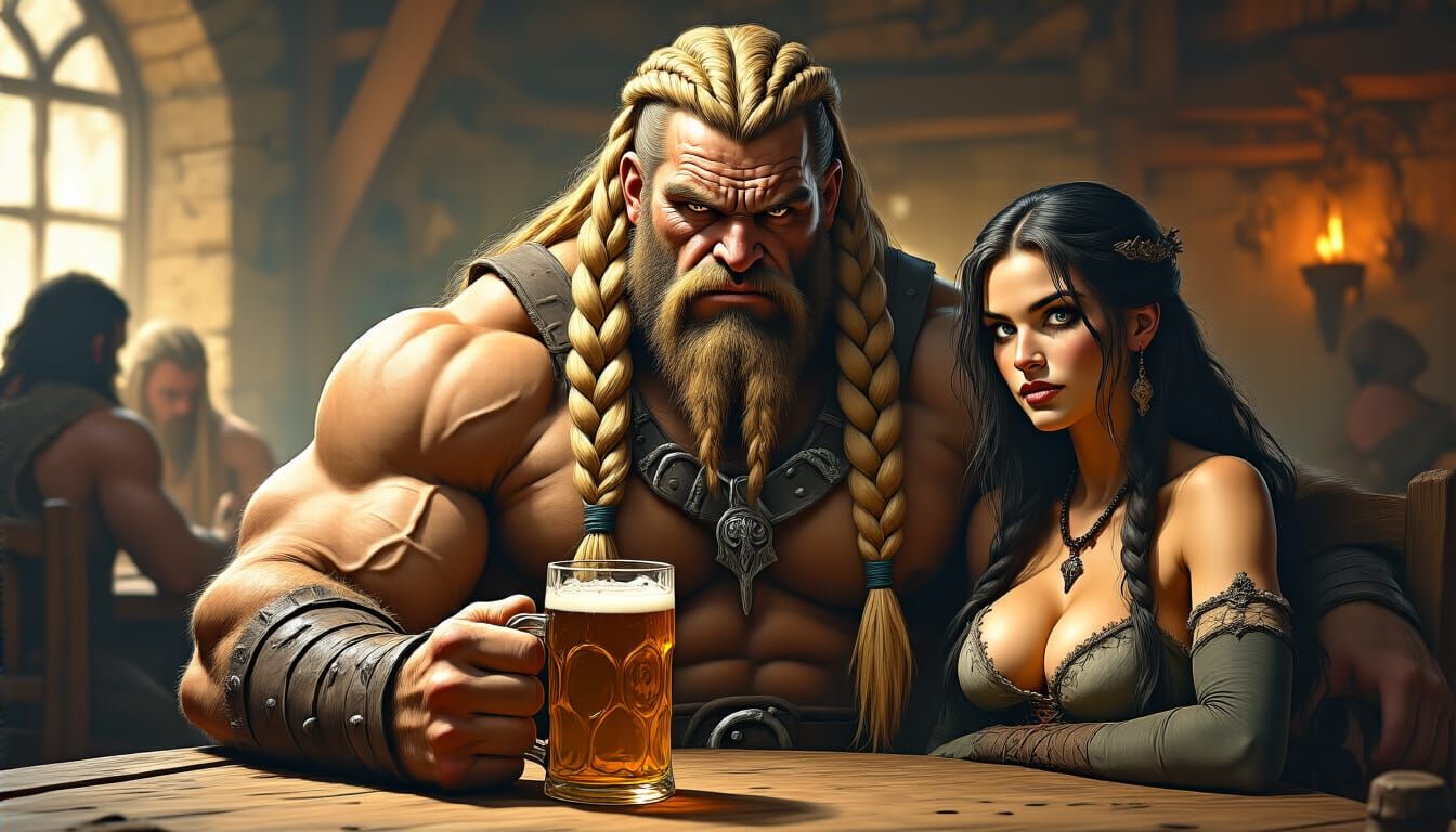 Barbarian Warrior Enjoys Ale with Companion in Tavern