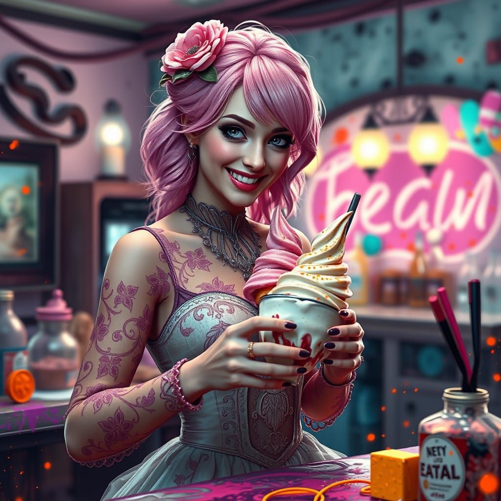 Woman Crafts Sundae in Gothic Dress, Alcohol Ink Art