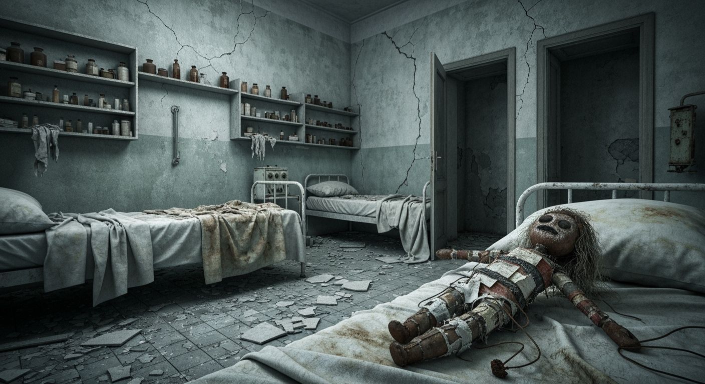 Abandoned Hospital Room: Eerie Doll in Dim, Cold Light