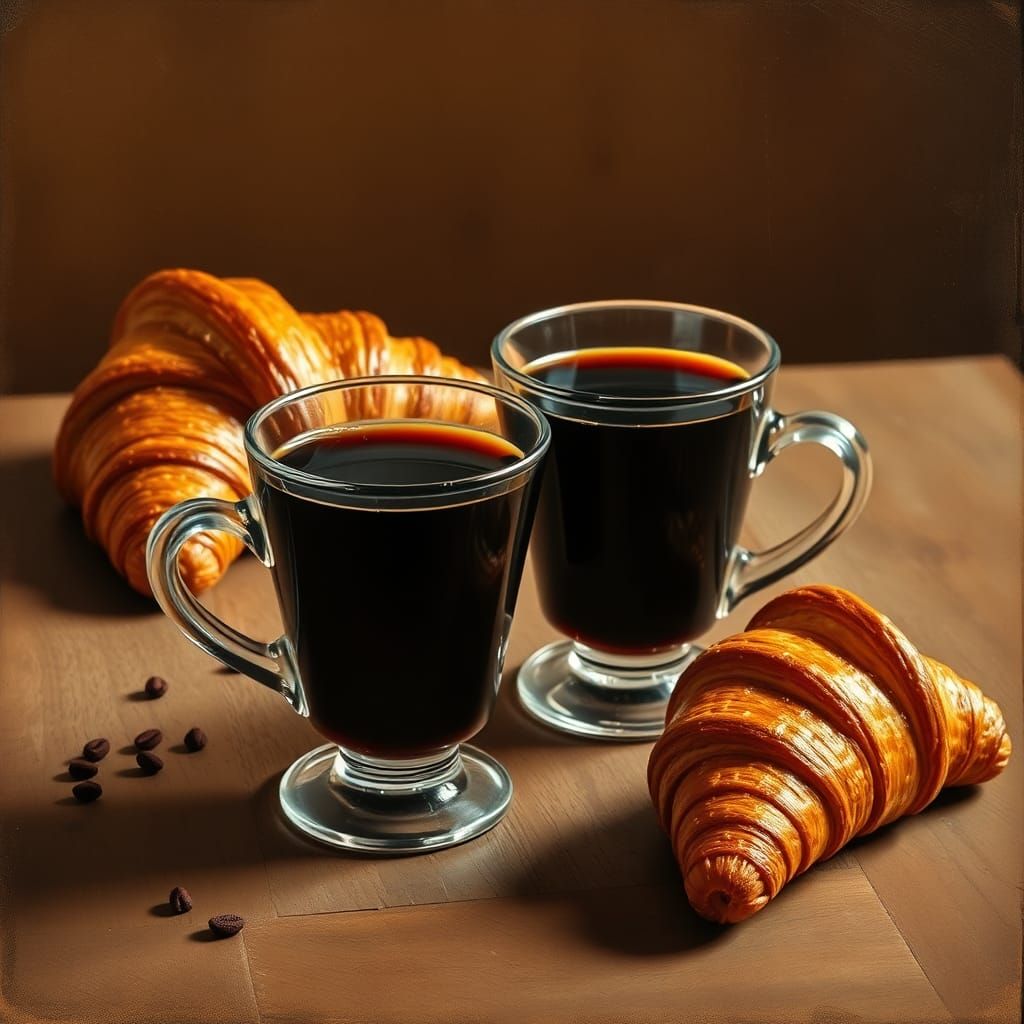 Coffee Cups and Croissants on Brown Background