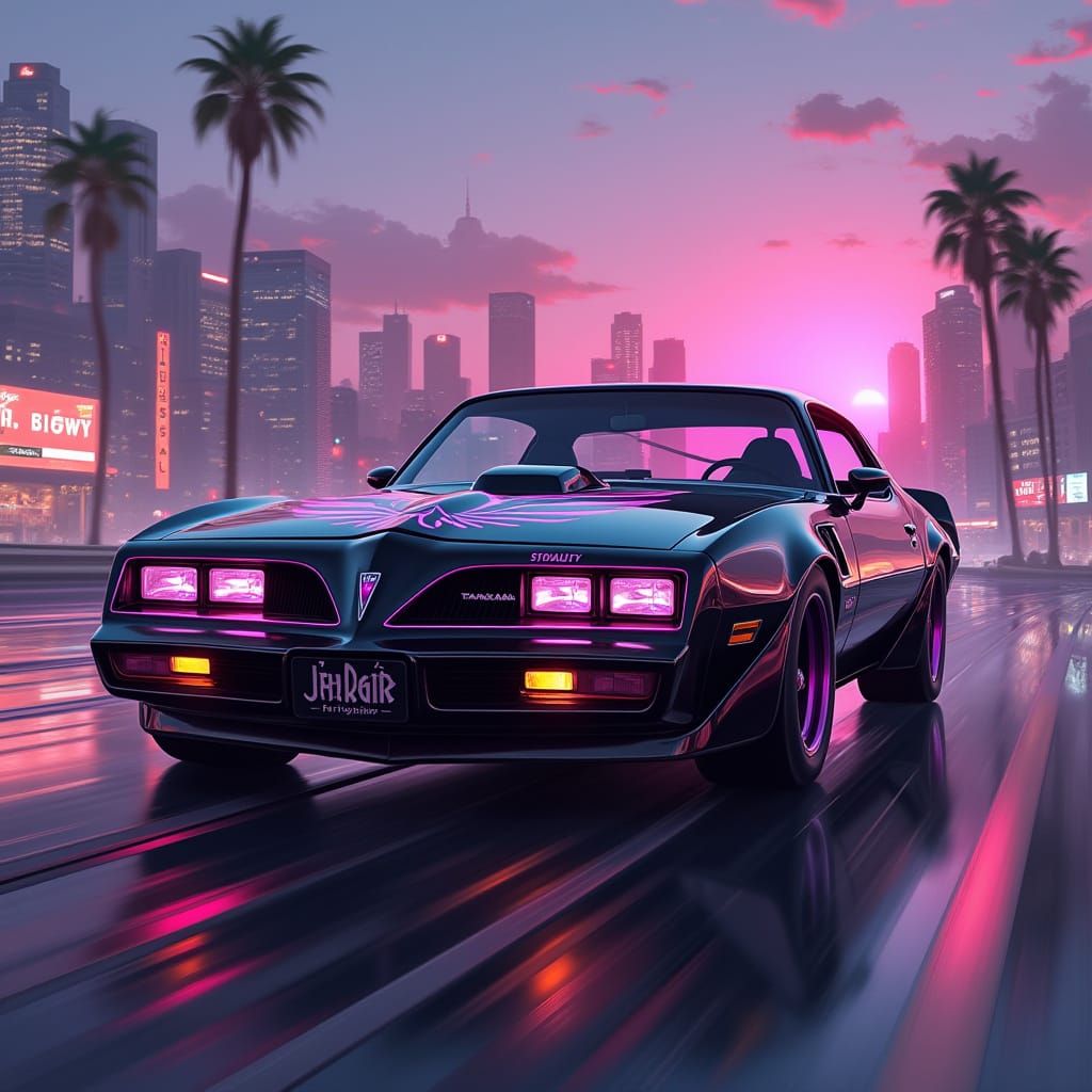 Cyberpunk Trans Am Speeds Through Neon Cityscape