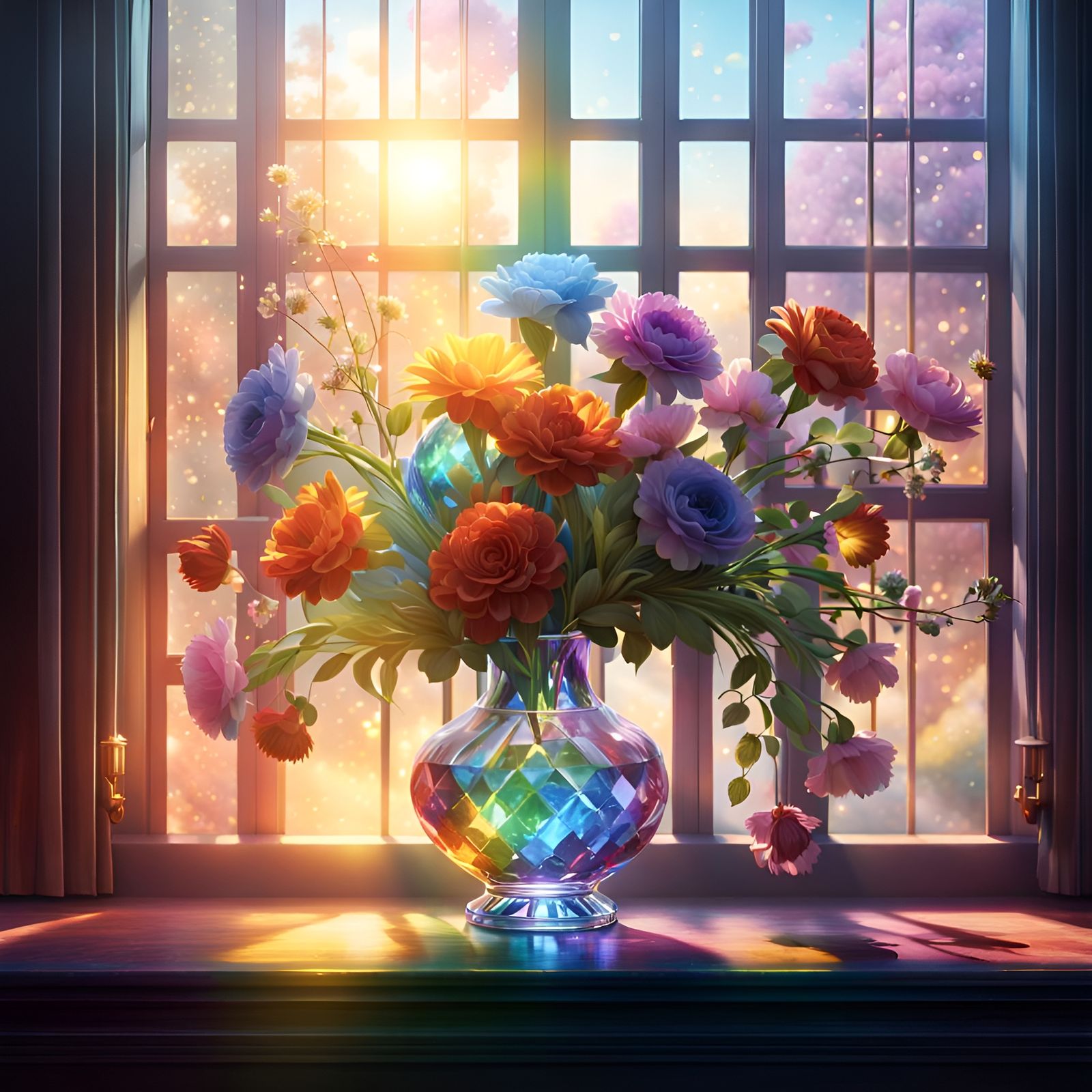 Crystal Vase with Flowers in Sunlight