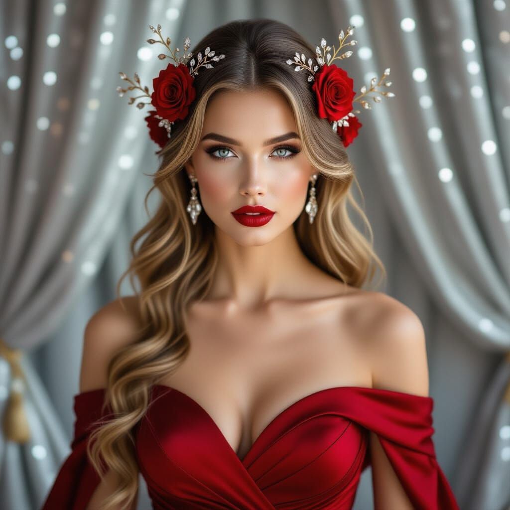 Woman in Red Gown with Roses and Gemstones