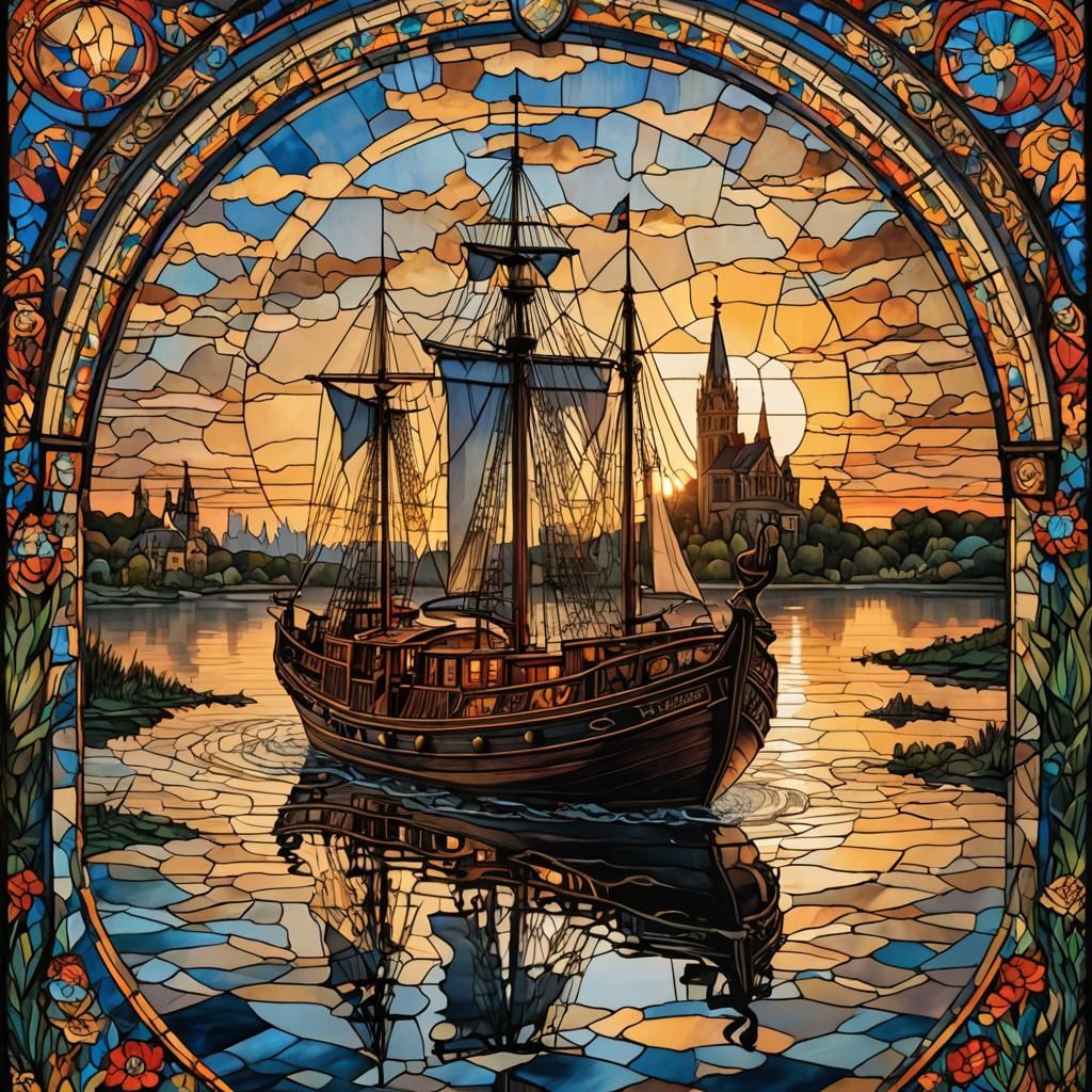 Stained Glass Boat on Calm Sunset Waters
