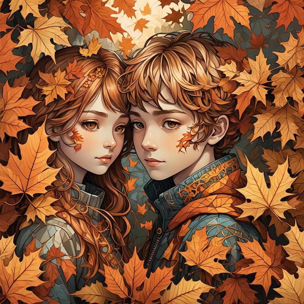 Boy and Girl Embrace in Autumnal Vector Art