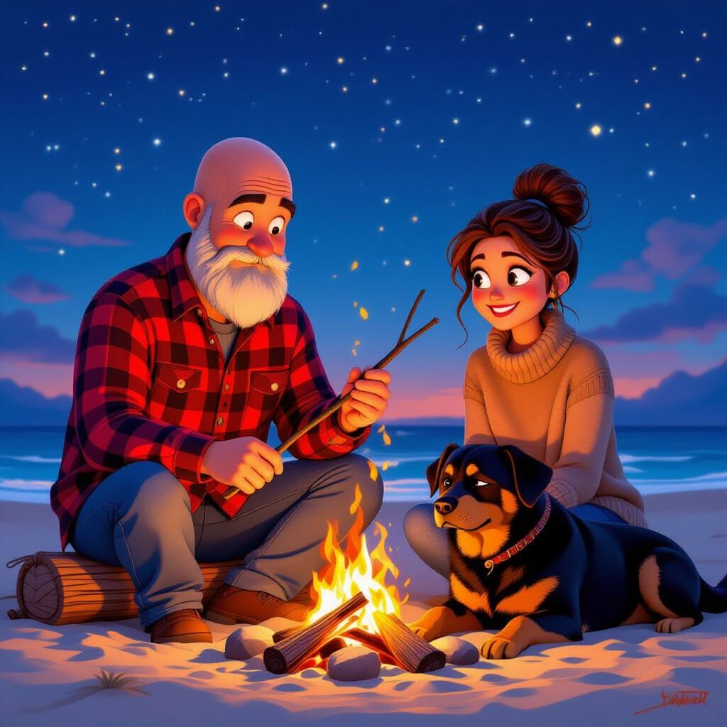 Family Campfire Under Stars in Pixar Style