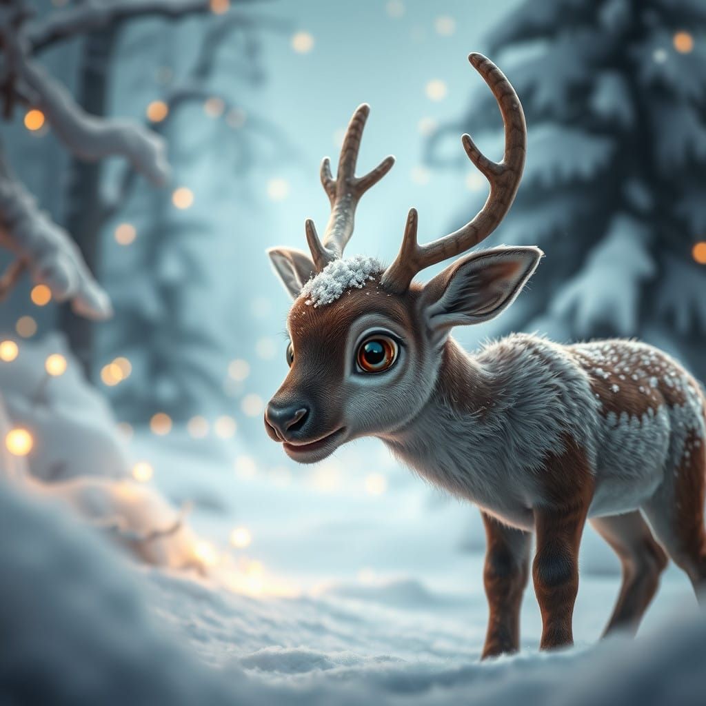 Majestic Baby Reindeer in Whimsical Winter Wonderland