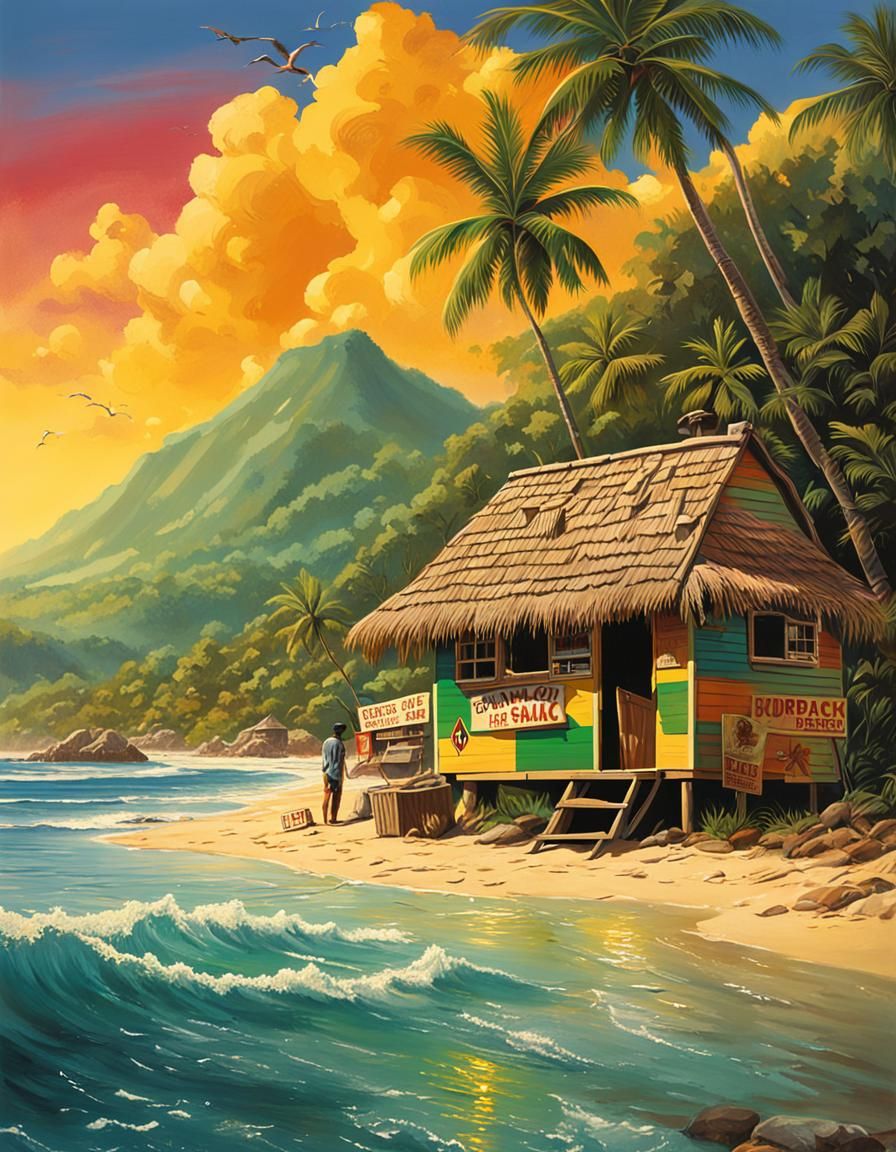 Jamaican Beach Rum Shack in Retro Poster Style